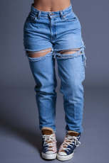 Plus Size Casual Denim High Waist Holes Jeans LX-5528