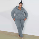 Plus Size Solid Color Hooded Pant Loose Two Piece Set XMF-225