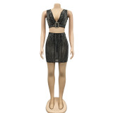 Sexy Mesh Hot Drill Sleeveless Two Piece Skirt Set BY-6037