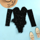 Sexy Sequin Feather Splicing Bodysuit NY-2655