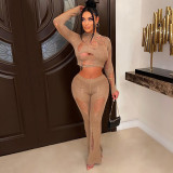 Sexy Knit Hollow Hole Long Sleeve And Pants 2 Piece Set DLSF-23556 