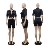 Fashion V Neck Short Sleeve Shorts Two Piece Set YIY-8109