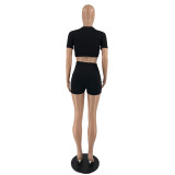 Sexy Hollow Out Crop Tops And Shorts Two Piece Set XHAF-10086