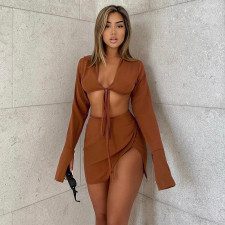 Sexy Long Sleeve Tie-Up Top Slit Skirt Suit GYME-03954