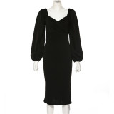 Solid Color Elegant Long Sleeve Slim Midi Dress GYME-1735138