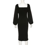 Solid Color Elegant Long Sleeve Slim Midi Dress GYME-1735138