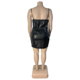 Plus Size PU Leather Zipper Sling Mini Dress WAF-77422