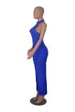 Solid Halter Sleeveless Ruched Maxi Dress MZ-2773