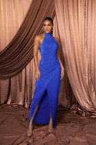 Solid Halter Sleeveless Ruched Maxi Dress MZ-2773