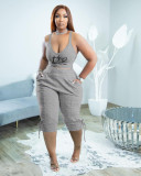 Plus Size Solid Print Sling Vest And 3/4 Pants Two Piece Set TK-6275