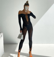 Mesh See Through Straight Collar Hollow Jumpsuit XEF-24214