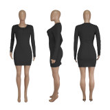 Solid Color Rib Long Sleeve Slim Mini Dress HEJ-8257