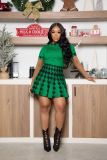 Houndstooth Printed Short Sleeve Skirts Two Piece Set  WAF-77528