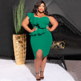 Plus Size Ruffles Single Shoulder Split Dress NNWF-7783