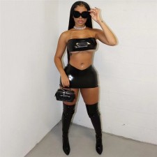 PU Leather Sexy Wrap Chest And Skirts Two Piece Set GDNY-1001