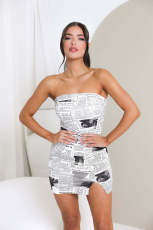Newspaper Print Sexy Wrap Chest Mini Dress GWDS-230212