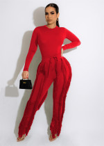 Casual Solid Bodysuit And Tassel Pant Suit OUQF-A079