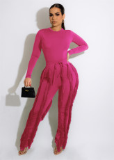 Casual Solid Bodysuit And Tassel Pant Suit OUQF-A079