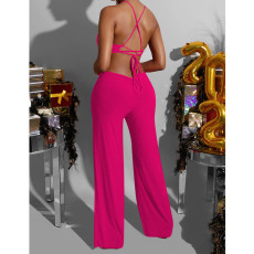 Solid Color Backless Tie Up Wide Leg Jumpsuit YD-1010