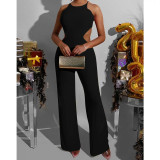 Solid Color Backless Tie Up Wide Leg Jumpsuit YD-1010