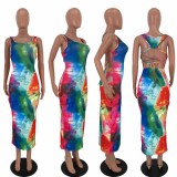 Sexy Tie Dye Backless Lace Up Sleeveless Maxi Dress LDS-3220