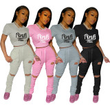 PINK Letter Print Short Sleeve Ripped Hole Pants 2 Piece Set CXLF-8104