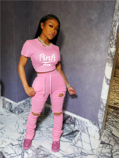 PINK Letter Print Short Sleeve Ripped Hole Pants 2 Piece Set CXLF-8104