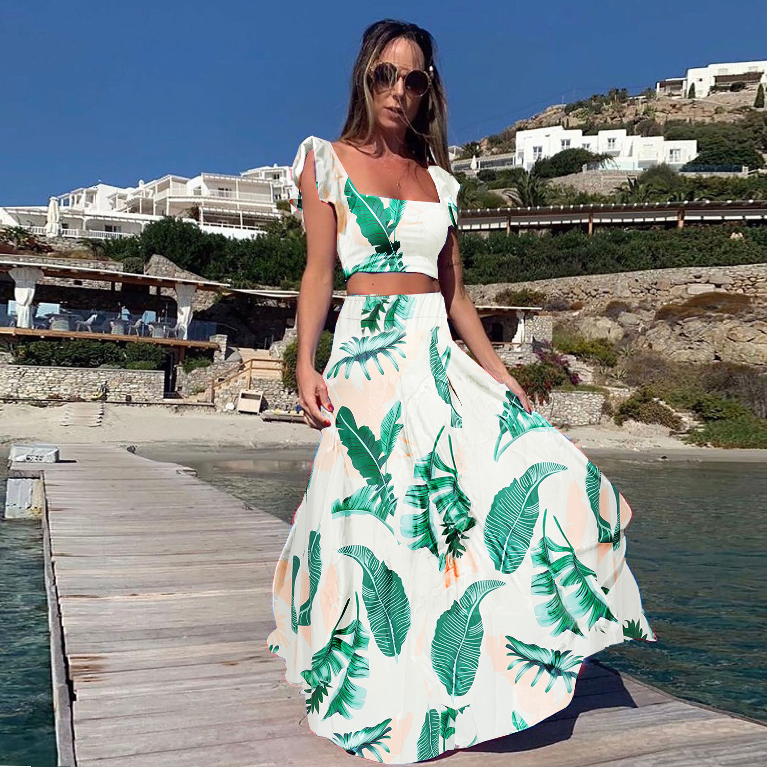 DearFashion Plus Size Casual Print Top Long Skirt Two Piece Set NY