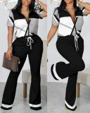 Plus Size Fashion Print Zipper Short Sleeve Coat Pants 2 Piece Set GSRX-9011