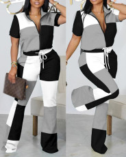 Plus Size Fashion Print Zipper Short Sleeve Coat Pants 2 Piece Set GSRX-9011
