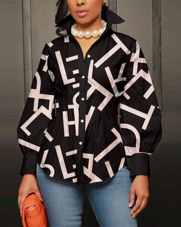 Plus Size Fashion Print Long Sleeve Shirt GSRX-9009