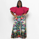 Plus Size Round Neck Tops Printed Pants Suit NNWF-7794