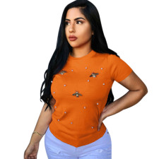 Plus Size Solid Beaded T-Shirt PIN-8734