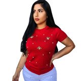 Plus Size Solid Beaded T-Shirt PIN-8734