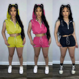 Casual Sleeveless Hooded Top Shorts Two Piece Set YD-8683