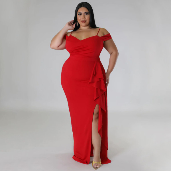 Plus Size Ruffle Sling Sexy High Split Maxi Dress NNWF-7792