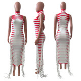 Half-high Neck Rib Printed Ribbon Sleeveless Dress NIK-324