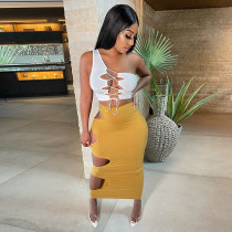 Sexy Hollow Out Bandage Tops Skirt Two Piece Set GLF-10004