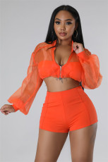 Organza Top And Solid Color Shorts Two Piece Set FENF-263