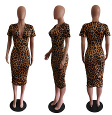 Fashion Leopard Print Deep V Midi Dress BYMF-60858