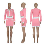 Fashion Color Contrast Long Sleeve Skirt Two Piece Set HEJ-8259