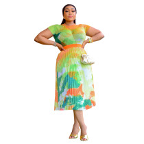 Print Short Sleeve Long Skirt Two Piece Set YF-10386