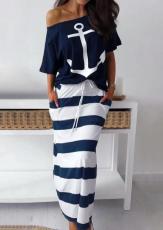 Anchor Print Top Striped Skirt Two Piece Set OUQF-A089