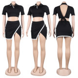 Sexy Slim Lapel Short Sleeve Side Slit Skirt Two Piece Set FSXF-F387