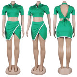Sexy Slim Lapel Short Sleeve Side Slit Skirt Two Piece Set FSXF-F387