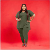 Plus Size Fashion V-neck Split Short Sleeve Pants Suit YFS-10305