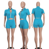 Stand Collar Zip Short Sleeve Shorts Two Piece Set YD-8689