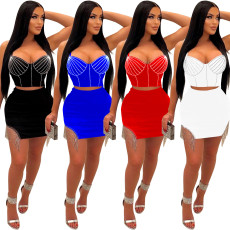 Fashion Hot Diamond Sling Top And Skirt Two Piece Set BY-6233