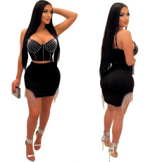 Fashion Hot Diamond Sling Top And Skirt Two Piece Set BY-6233