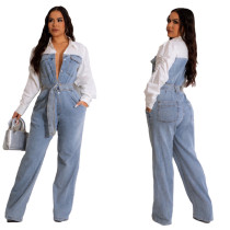 Plus Size Fashion Casual Denim Patchwork Jumpsuit With Belt YMEF-5115